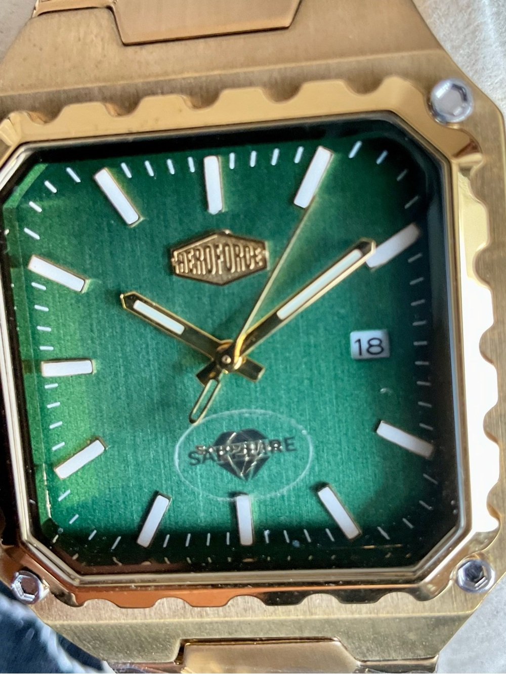 NIB Gold Tone 36mm Square Heroforce Watch Integrated Bracelet + Tool